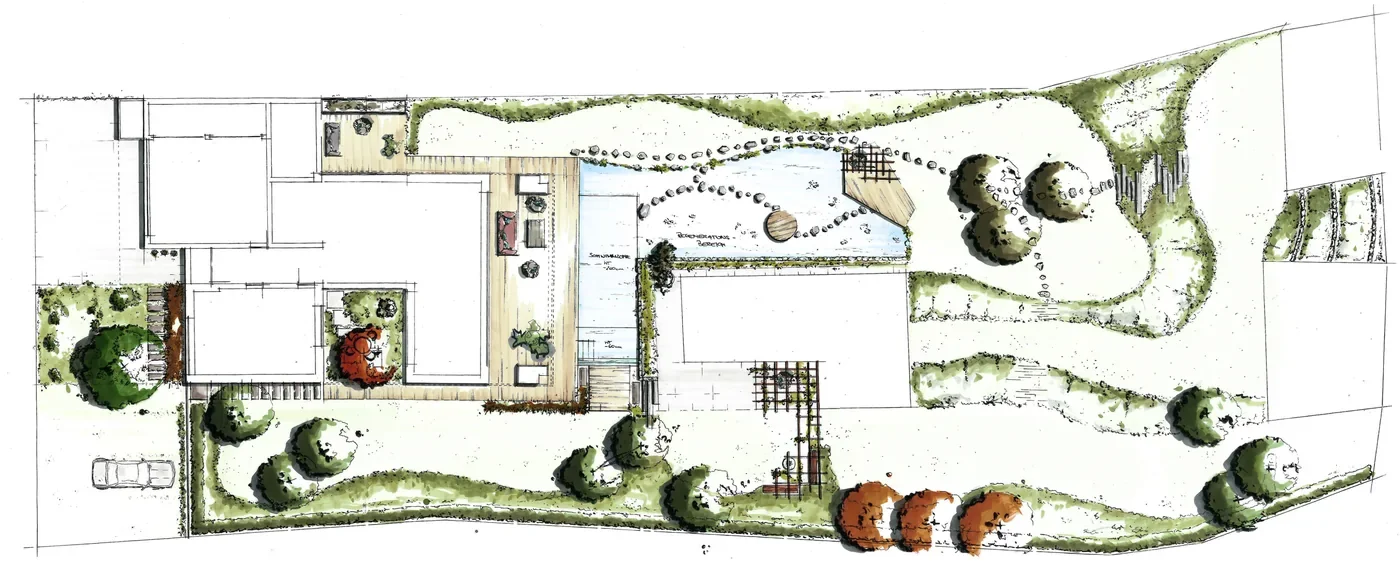 Gartenplan im Maßstab mit eingezeichneten Beeten, Wegen und Teich