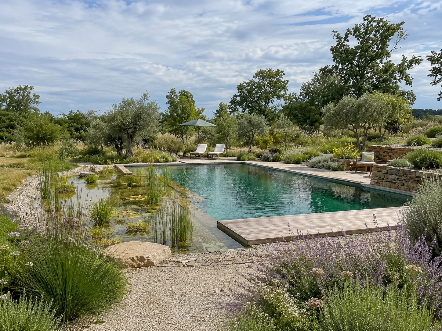 Derselbe Garten nach der Umsetzung, mit Schwimmteich und Terrasse