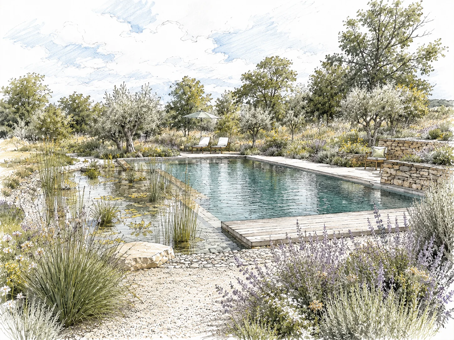 Entwurfszeichnung eines Gartens mit Schwimmteich und Terrasse