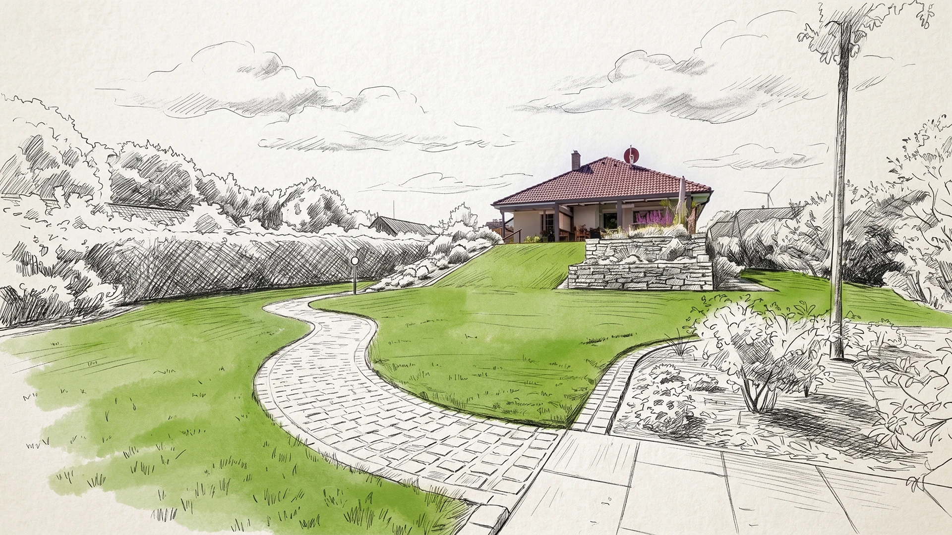 Handgezeichneter Gartenplan mit Rasenfläche, Pflasterweg und Natursteinmauer