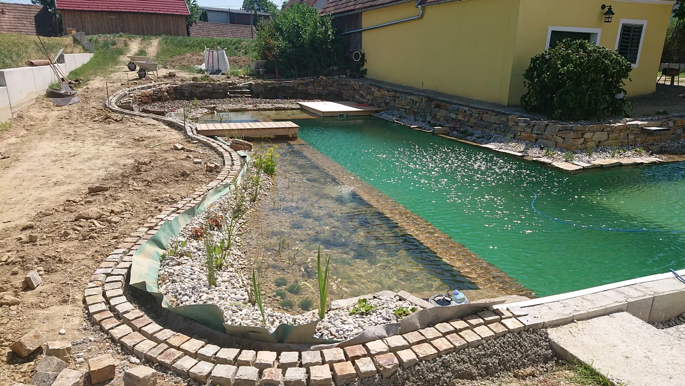 Schwimmteich mit geschwungener Ziegelkante und Regenerationsbereich