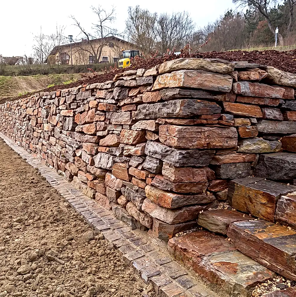 Terrasse mit Sandsteinmauer, Sitzgruppe und gemauertem Ofen