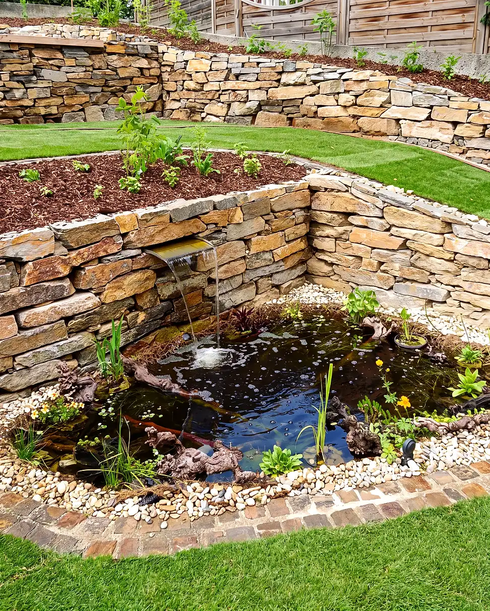 Kleiner Gartenteich mit Wasserspeier in der Natursteinmauer, Kiesrand und bepflanztes Hochbeet darüber