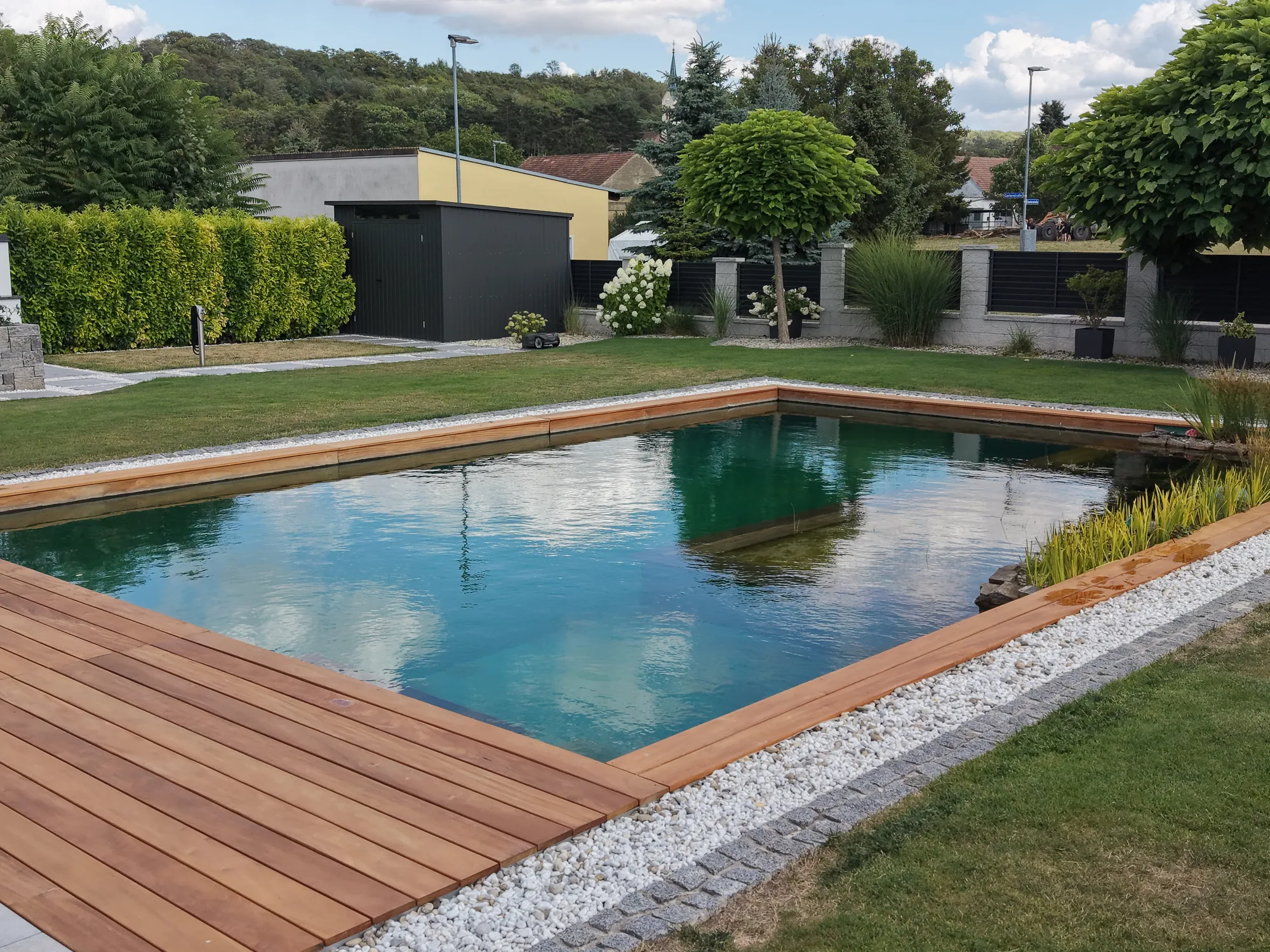 Wasserspiegelung auf dem Schwimmteich am Nachmittag